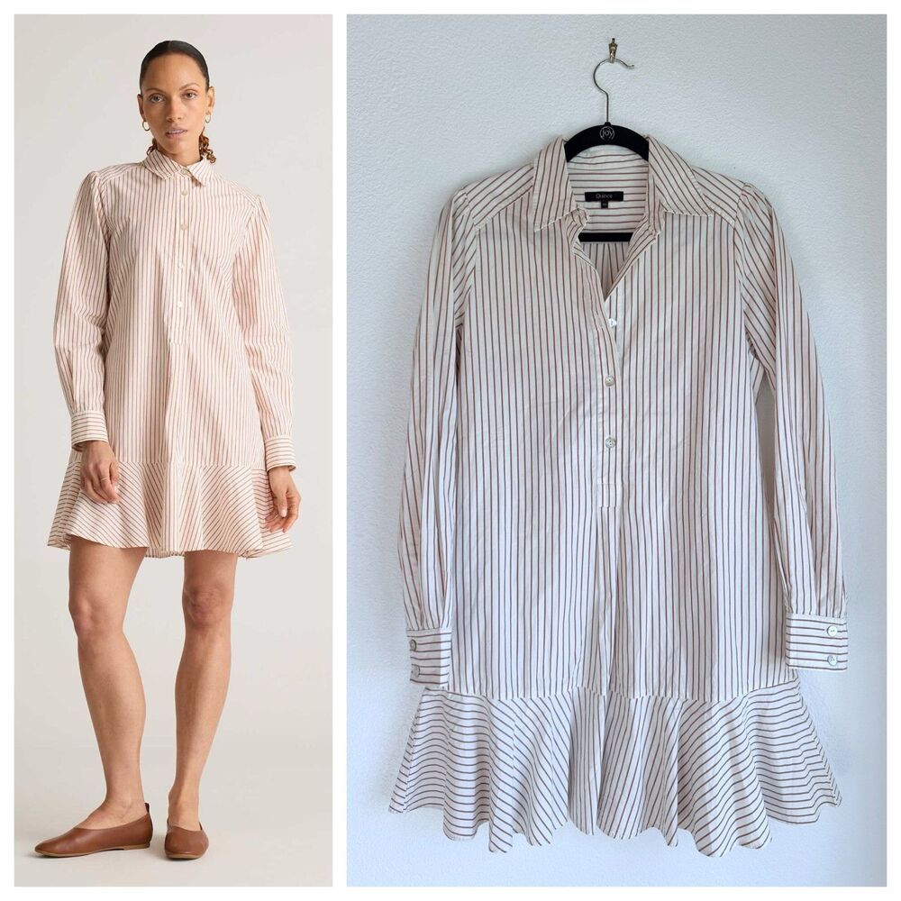NEW Quince 100% Organic Cotton Drop Waist Shirt Dress in Terracotta Stripe Sz XS